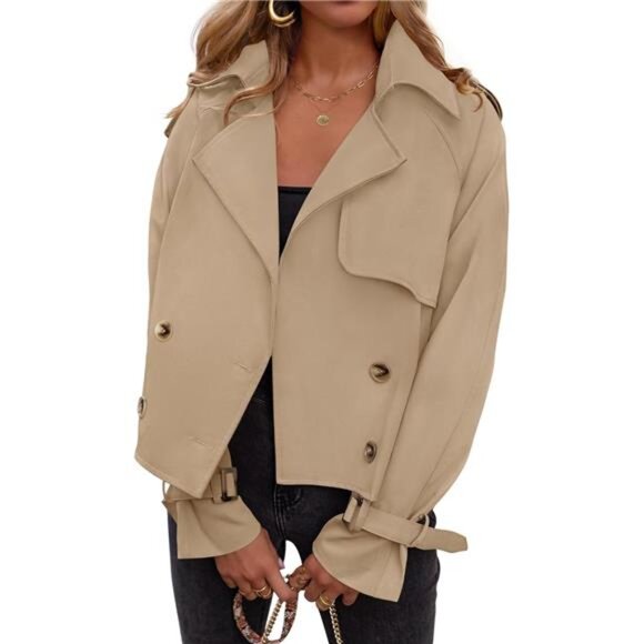 Jackets & Blazers - Womens Long Sleeve Crop Trench Coat Lapel Double Breasted Loose Casual